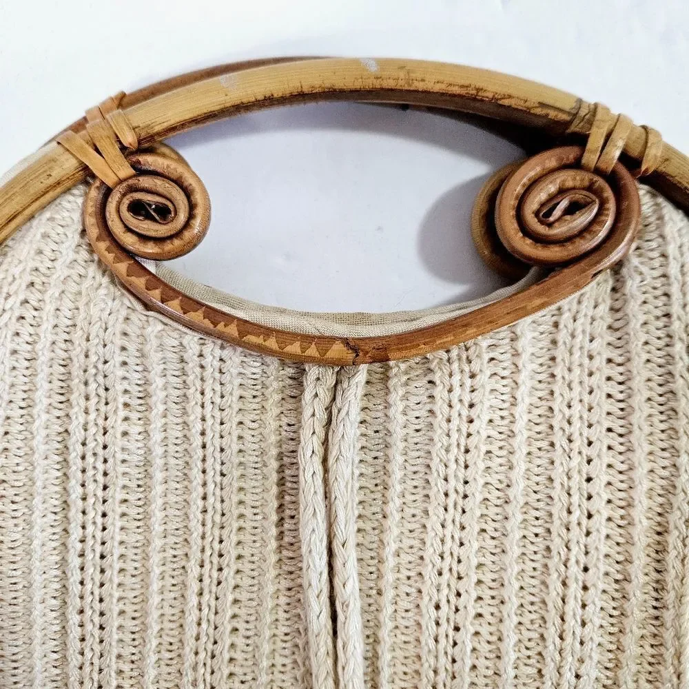 Vintage Hand Made '60s Cream Crochet Knit Boho Bamboo Handles Handbag Purse Bag